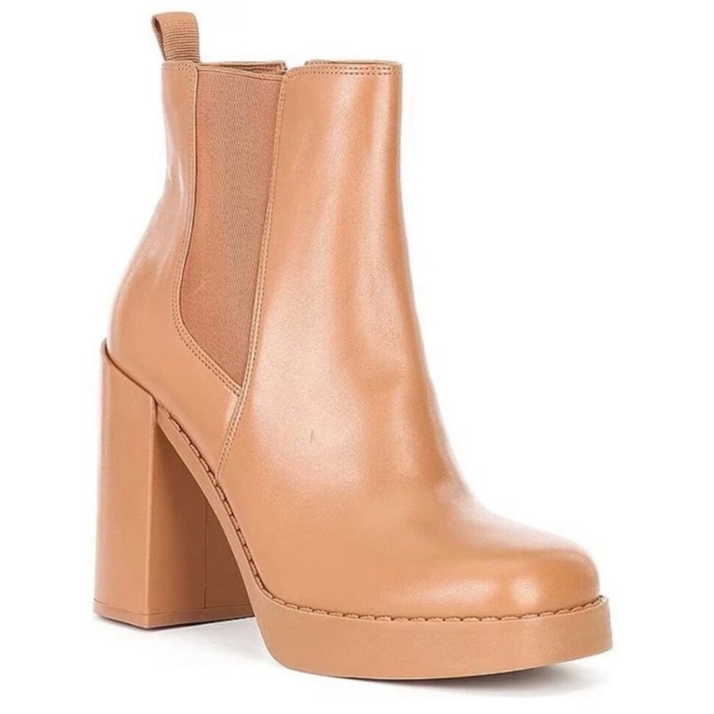 Gianni Bini Ah-Mazed Caramel Brown Leather Block Heel Platform Chelsea Boots